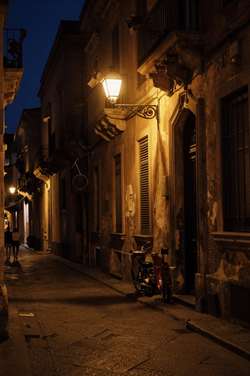 Midnight Street Scene in Palermo Italy with Vintage Lantern and Urban Decay in in Palermo, Italy