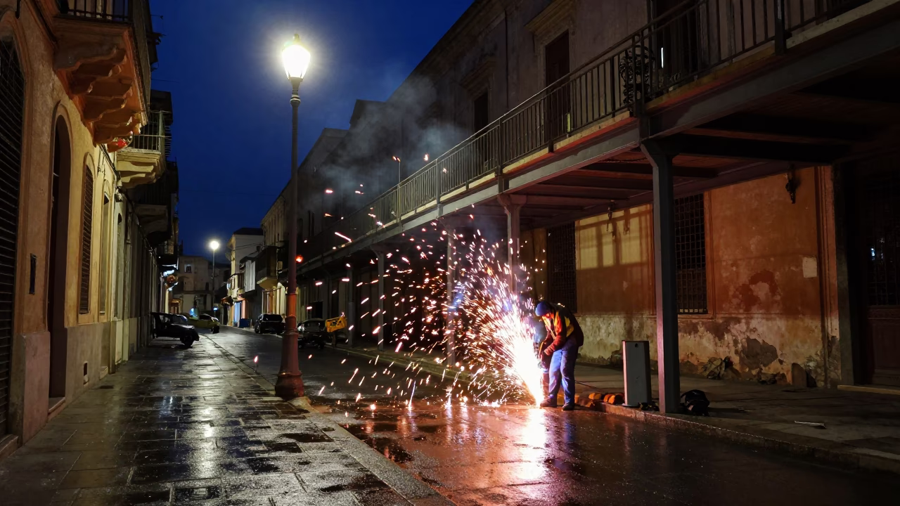 Midnight street scene in Palermo Italy with welding sparks and urban details in in Palermo, Italy