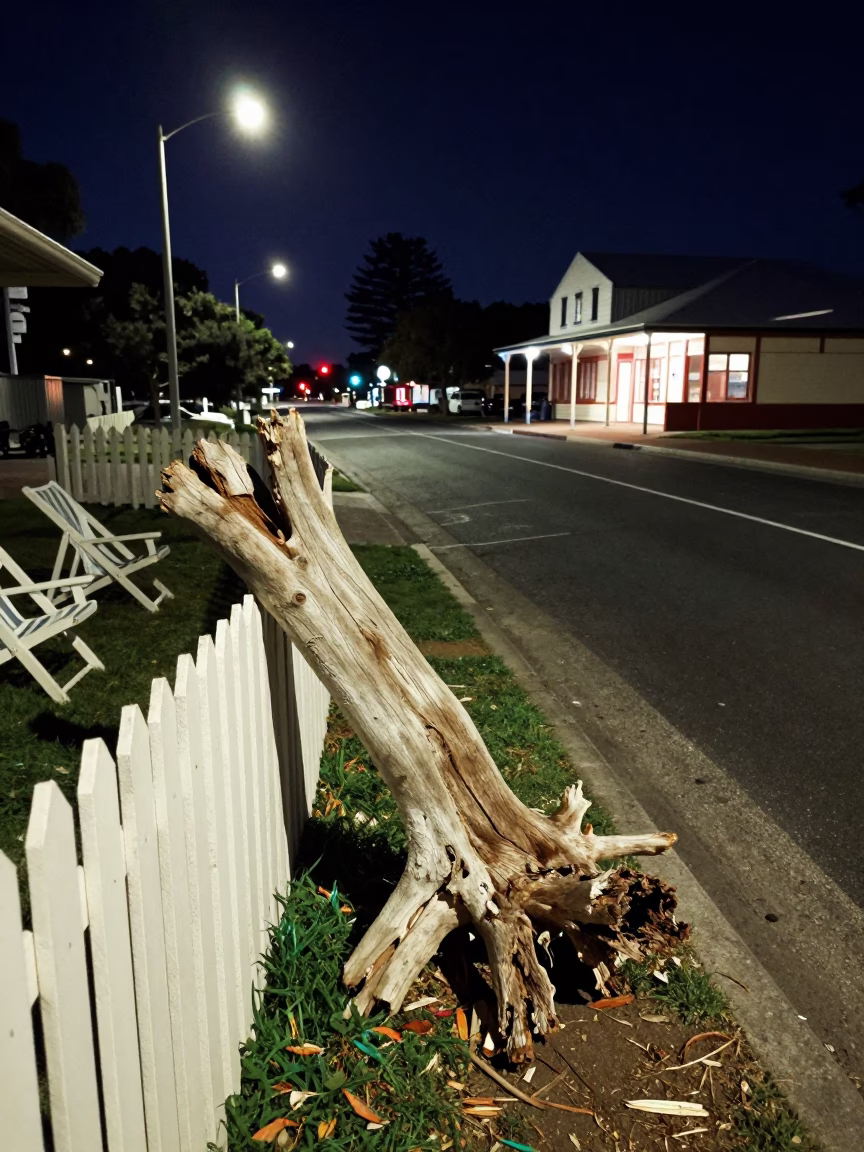 Midnight Street Scene in Perth Western Australia with Driftwood and Deck Chairs in in Perth, Western Australia, Australia