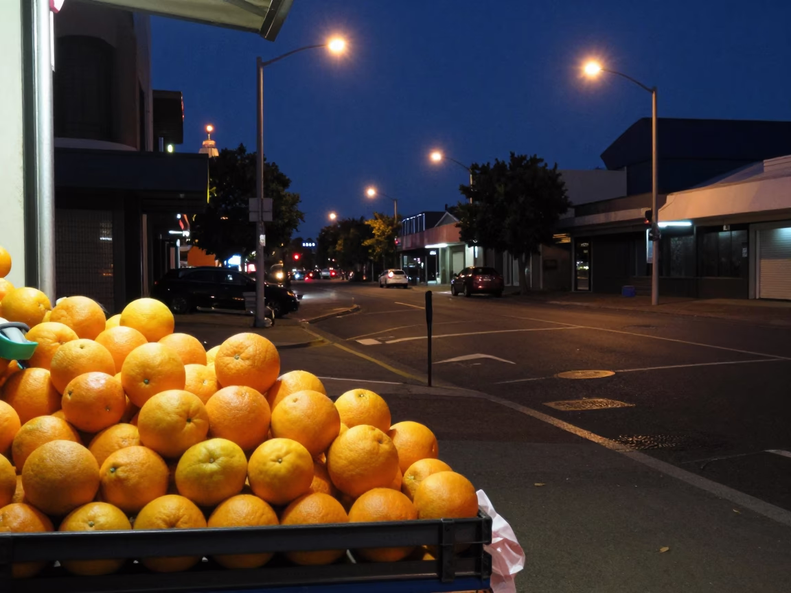 Midnight Street Scene in Perth Western Australia with Oranges and Urban Lighting in in Perth, Western Australia, Australia