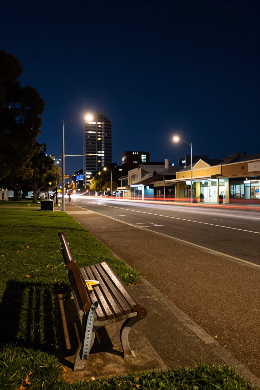 Midnight Street Scene in Perth Western Australia with Park Bench and Measuring Tape in in Perth, Western Australia, Australia