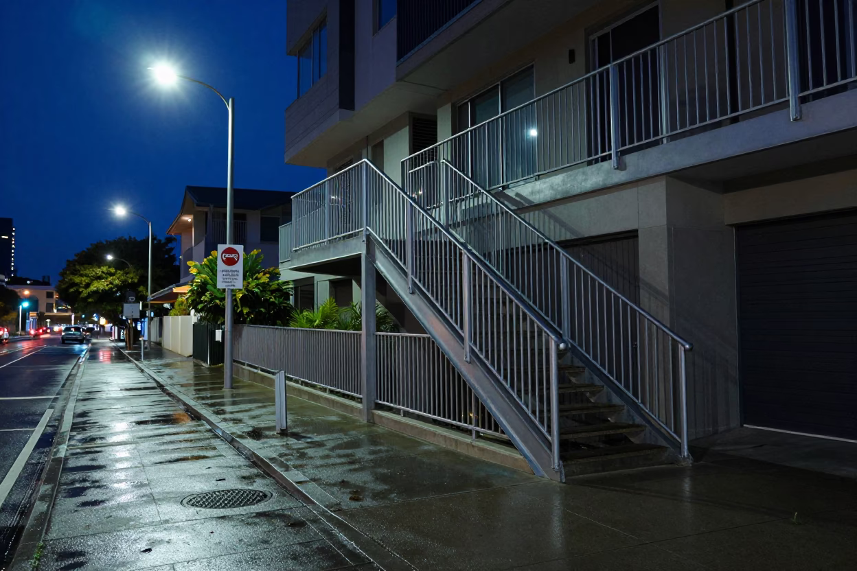 Midnight Street Scene in Perth Western Australia with Stair Rail and Urban Architecture in in Perth, Western Australia, Australia