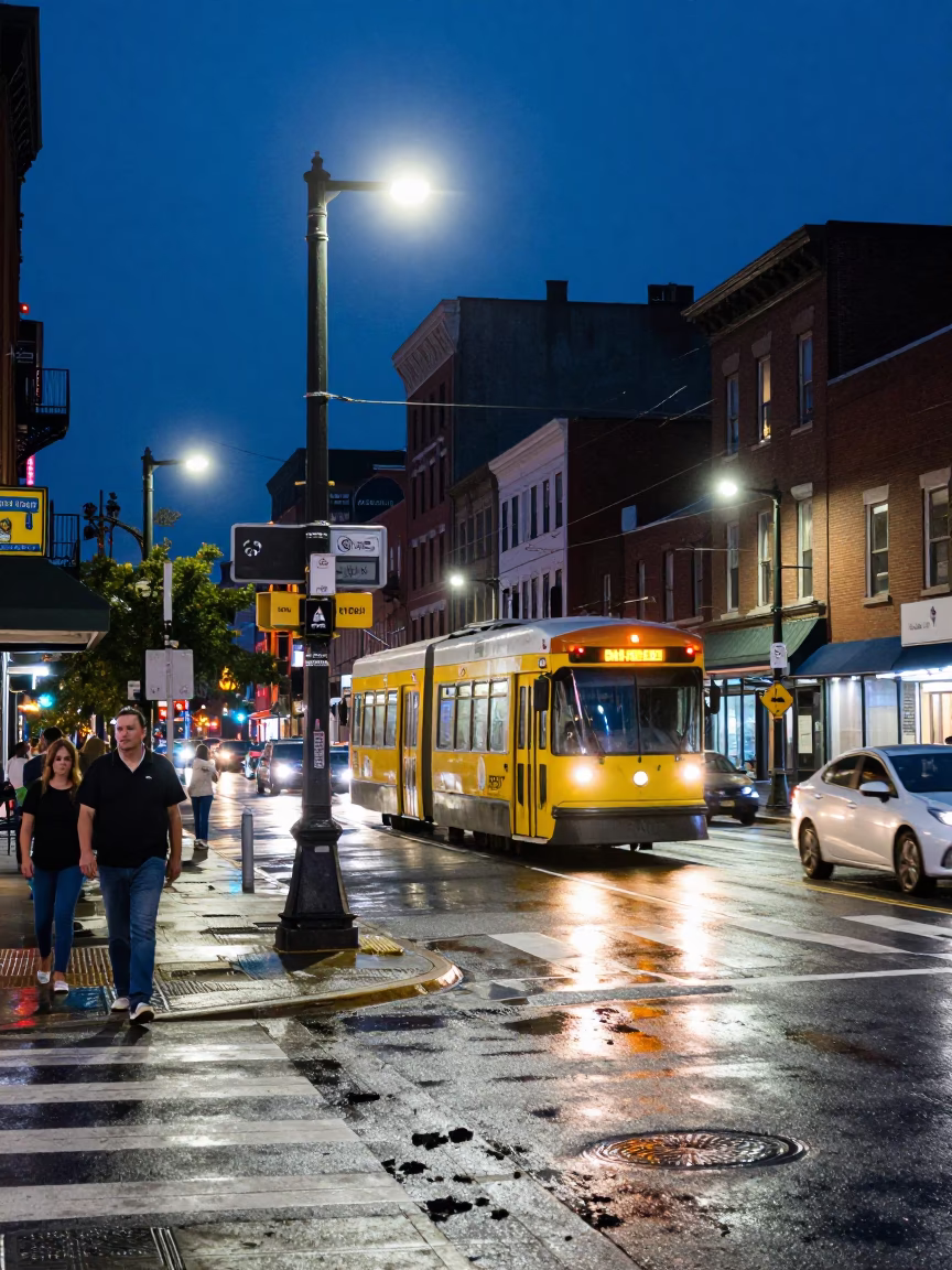 Midnight Street Scene in Philadelphia Pennsylvania with Urban Neon and City Life in in Philadelphia, Pennsylvania, United States