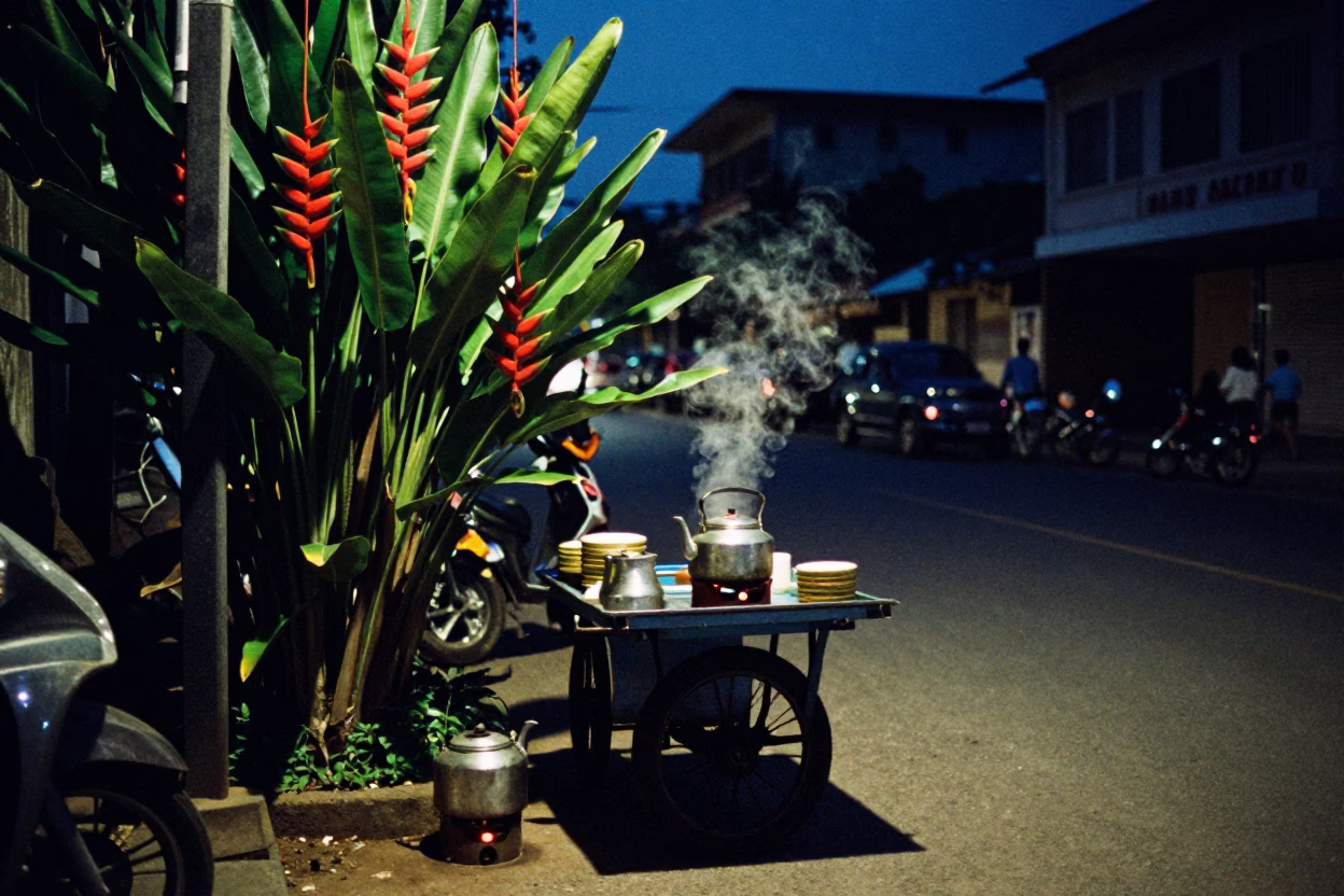 Midnight Street Scene in Phnom Penh Cambodia with Heliconia and Kettle in in Phnom Penh, Cambodia