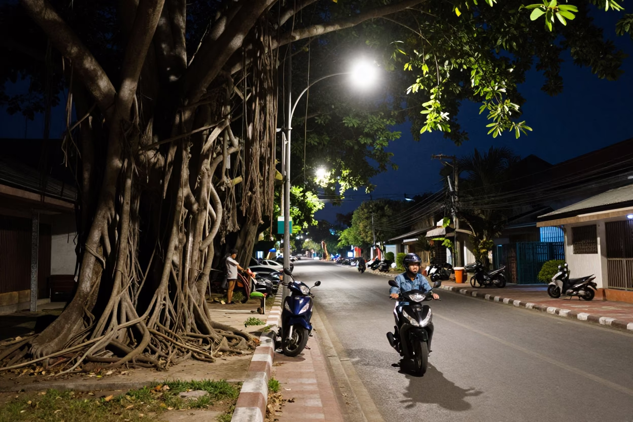 Midnight street scene in Phuket Thailand with banyan tree and motorbike under streetlights in in Phuket, Thailand