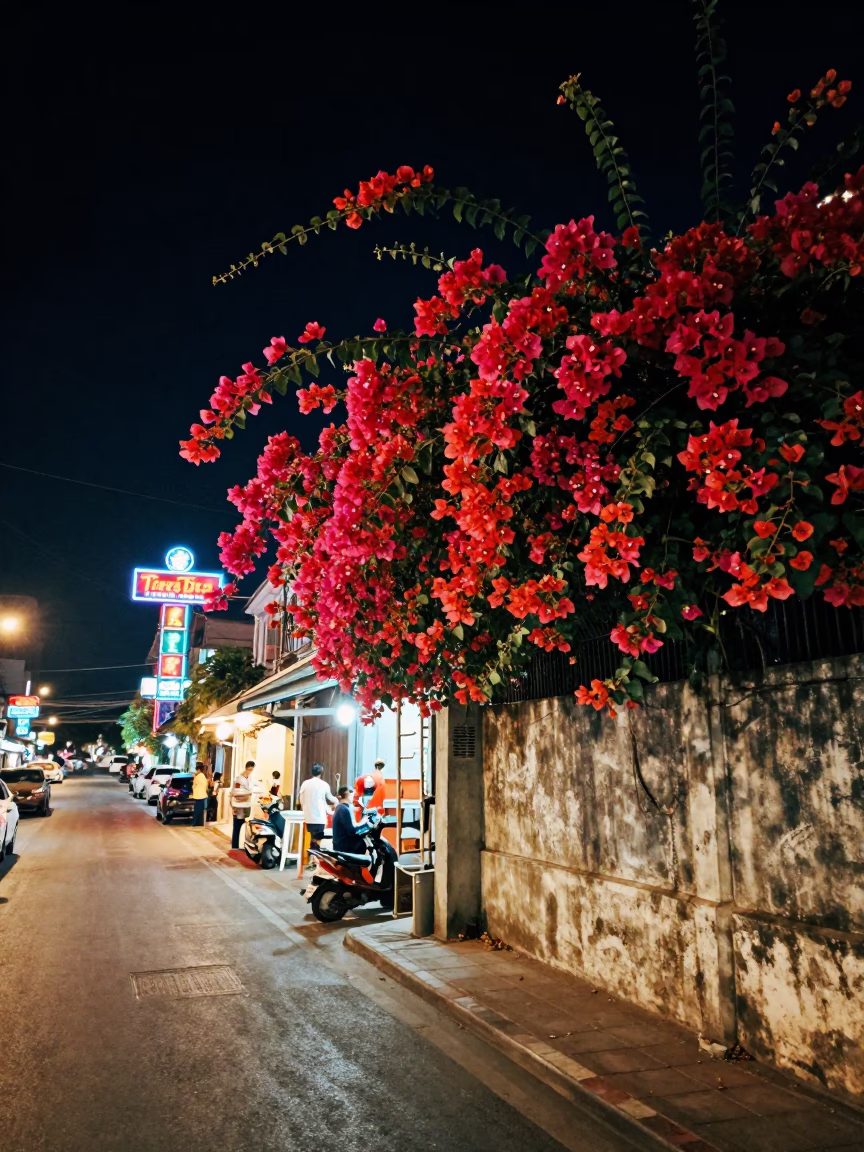 Midnight street scene in Phuket Thailand with bougainvillea and neon lights in in Phuket, Thailand