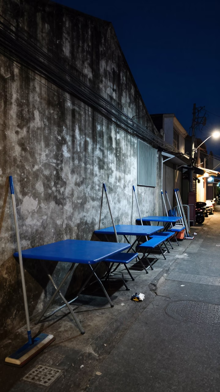Midnight street scene in Phuket Thailand with folding tables and mops in in Phuket, Thailand
