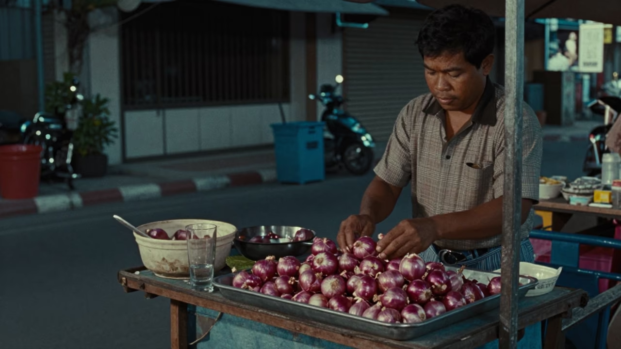 Midnight Street Scene in Phuket Thailand with Glass Tumbler and Onions in in Phuket, Thailand