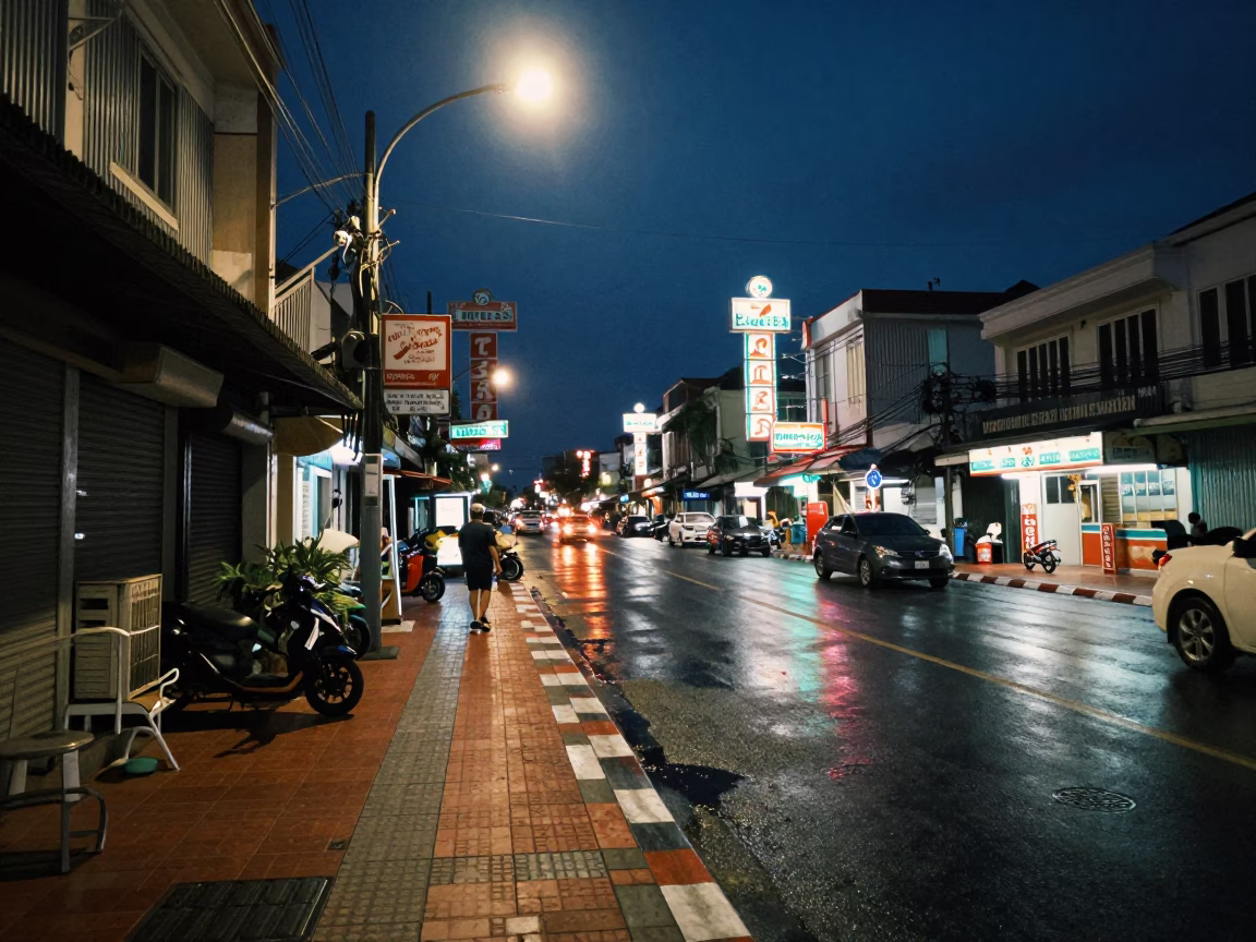 Midnight Street Scene in Phuket Thailand with Vintage Elements and Local Life in in Phuket, Thailand