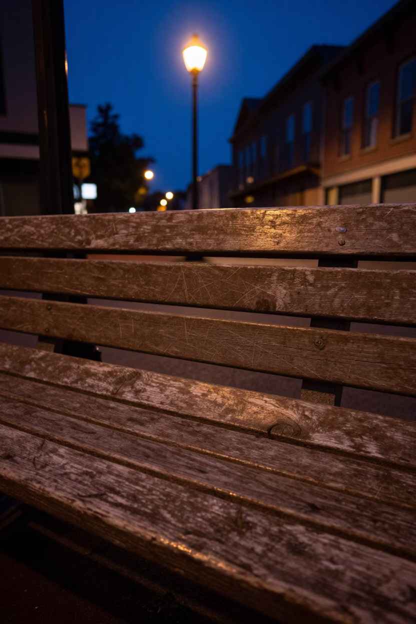 Midnight Street Scene in Portland Oregon Featuring Scratches on Bench Slat and Door Mats in in Portland, Oregon, United States