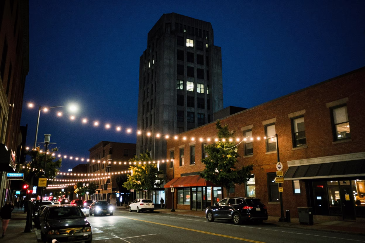 Midnight Street Scene in Portland Oregon Featuring String Lights and Urban Concrete Architecture in in Portland, Oregon, United States