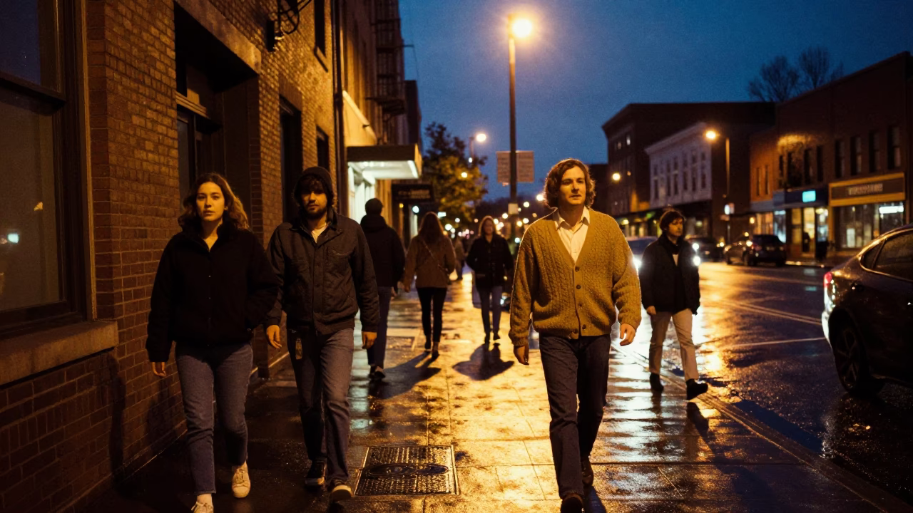 Midnight street scene in Portland Oregon featuring vintage cardigans and urban night life in in Portland, Oregon, United States