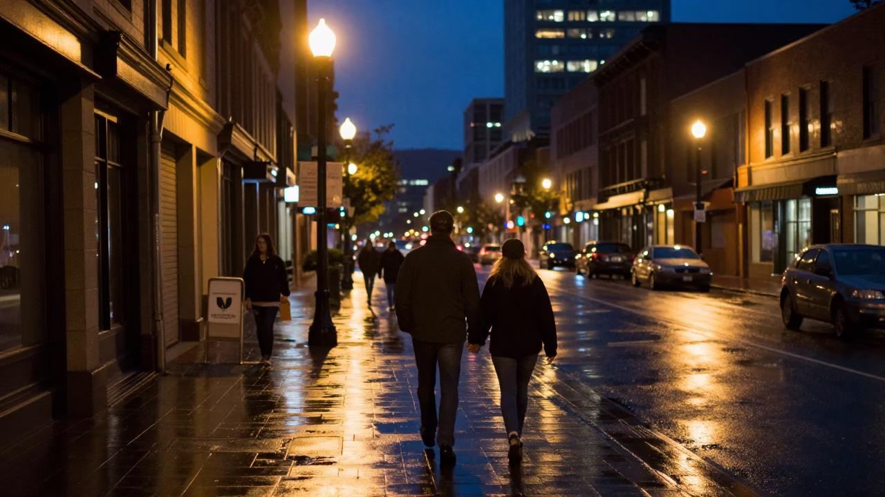 Midnight Street Scene in Portland Oregon with Couple Walking and Urban Architecture in in Portland, Oregon, United States