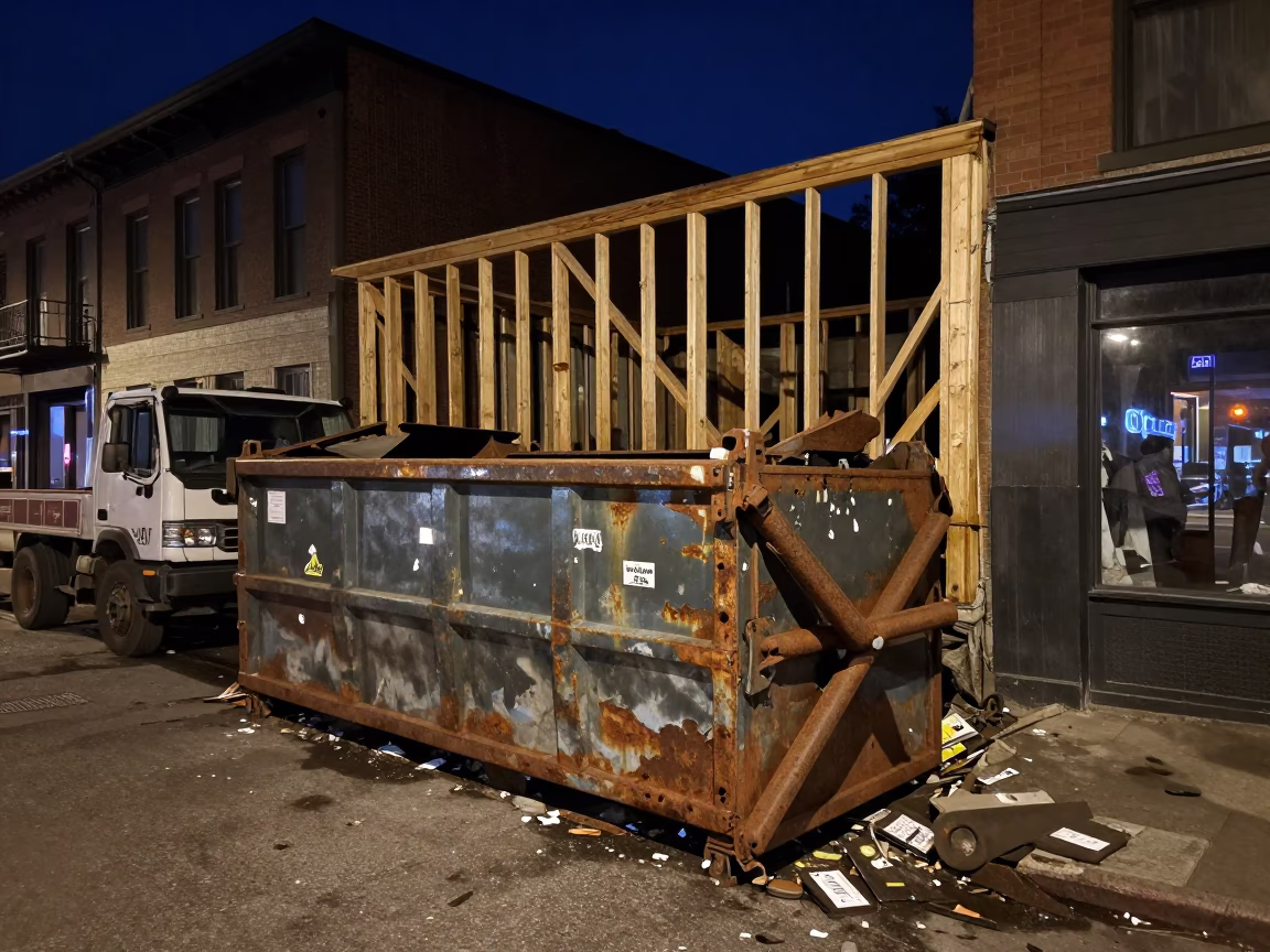 Midnight Street Scene in Portland Oregon with Demolition Dumpster and Gutted Storefront Facade in in Portland, Oregon, United States