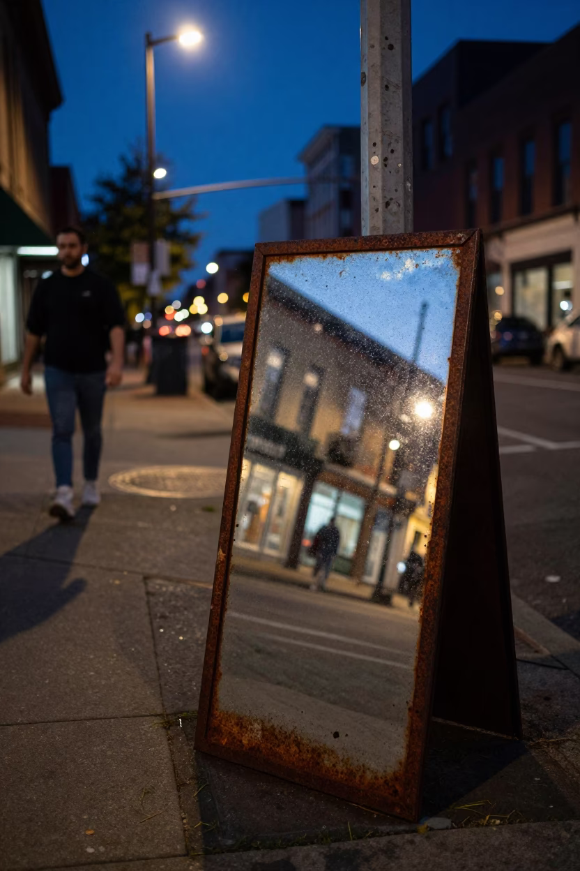 Midnight Street Scene in Portland Oregon with Rusty Mirror and Urban Details in in Portland, Oregon, United States