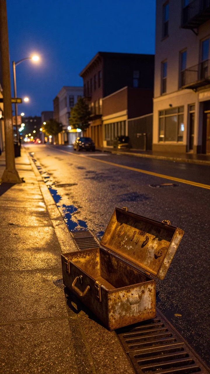 Midnight street scene in Portland Oregon with toolbox and urban details in in Portland, Oregon, United States