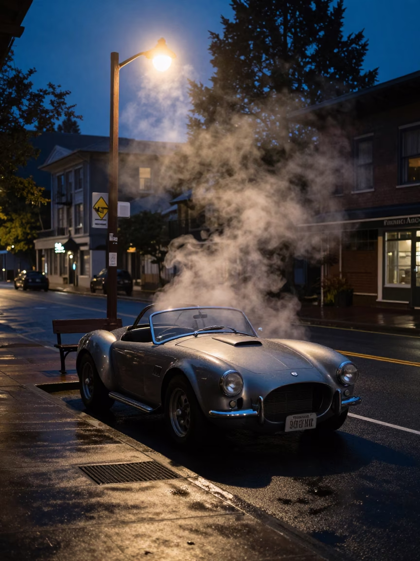 Midnight Street Scene in Portland Oregon with Vintage Car and Steam Haze in in Portland, Oregon, United States