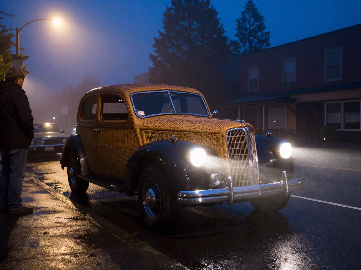 Midnight Street Scene in Portland Oregon with Vintage Car and Wicker Shadow in in Portland, Oregon, United States