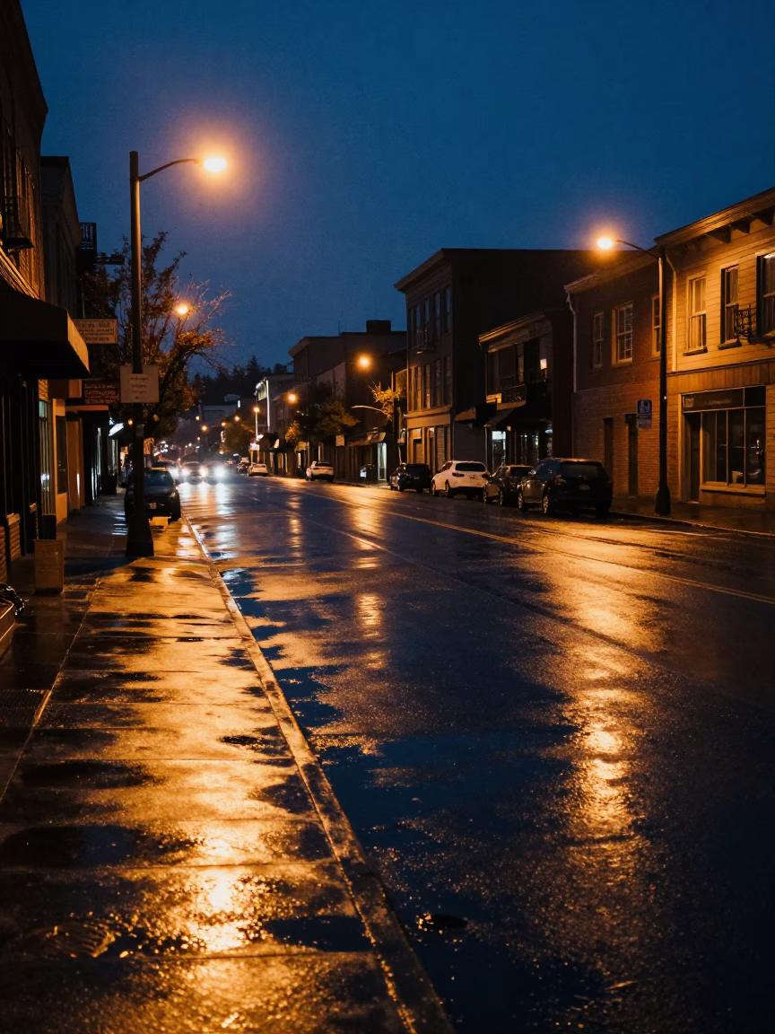 Midnight street scene in Portland Oregon with wet pavement reflections and distant city lights in in Portland, Oregon, United States