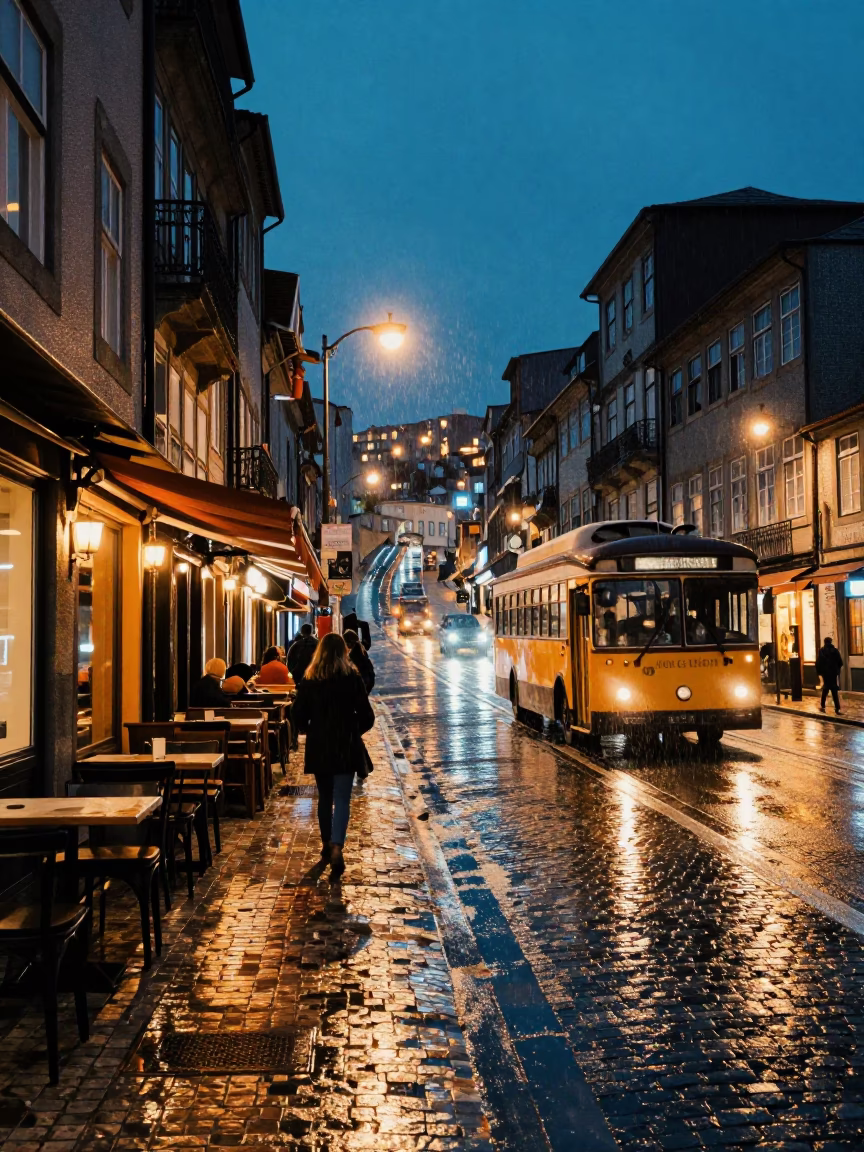 Midnight Street Scene in Porto Portugal with Classic Bus and Urban Details in in Porto, Portugal