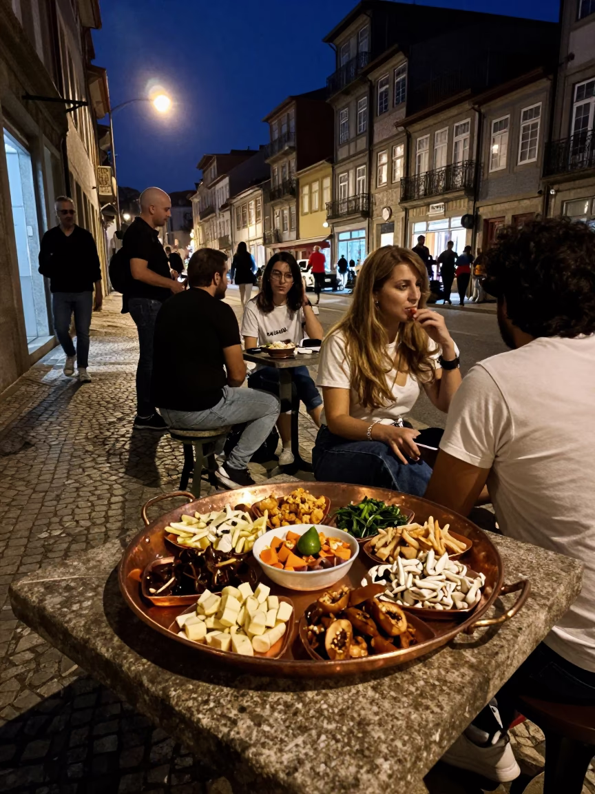 Midnight Street Scene in Porto Portugal with Copper Tray and Mezze Spread in in Porto, Portugal