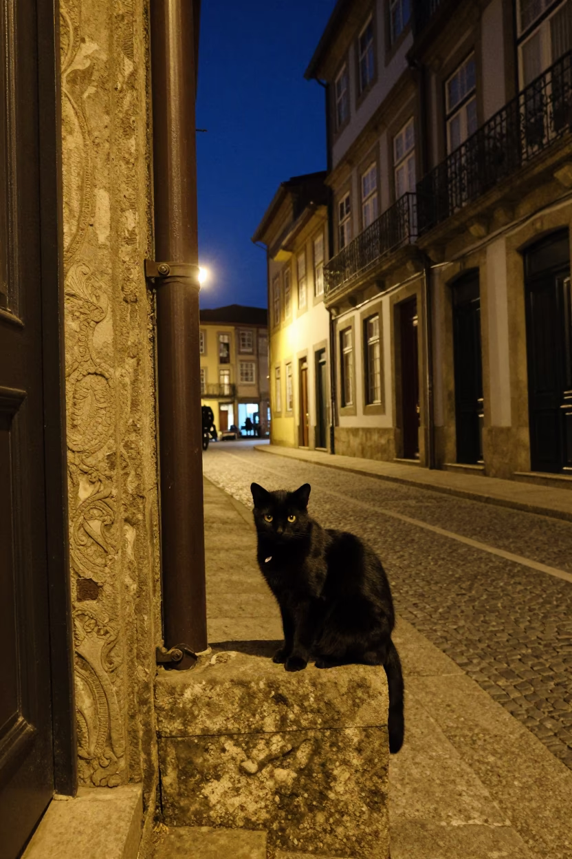 Midnight Street Scene in Porto Portugal with Doorframe and Black Cat in in Porto, Portugal