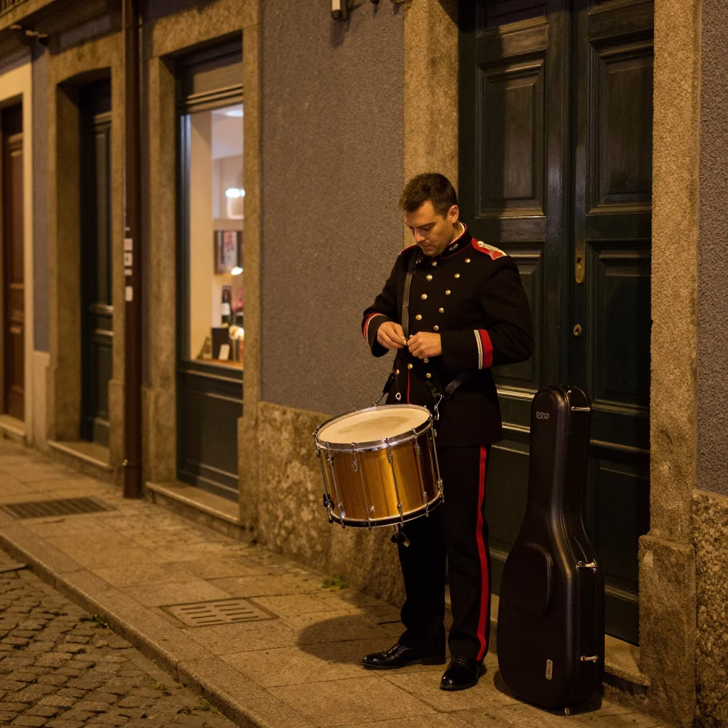 Midnight Street Scene in Porto Portugal with Drum Major and Tin Box in in Porto, Portugal