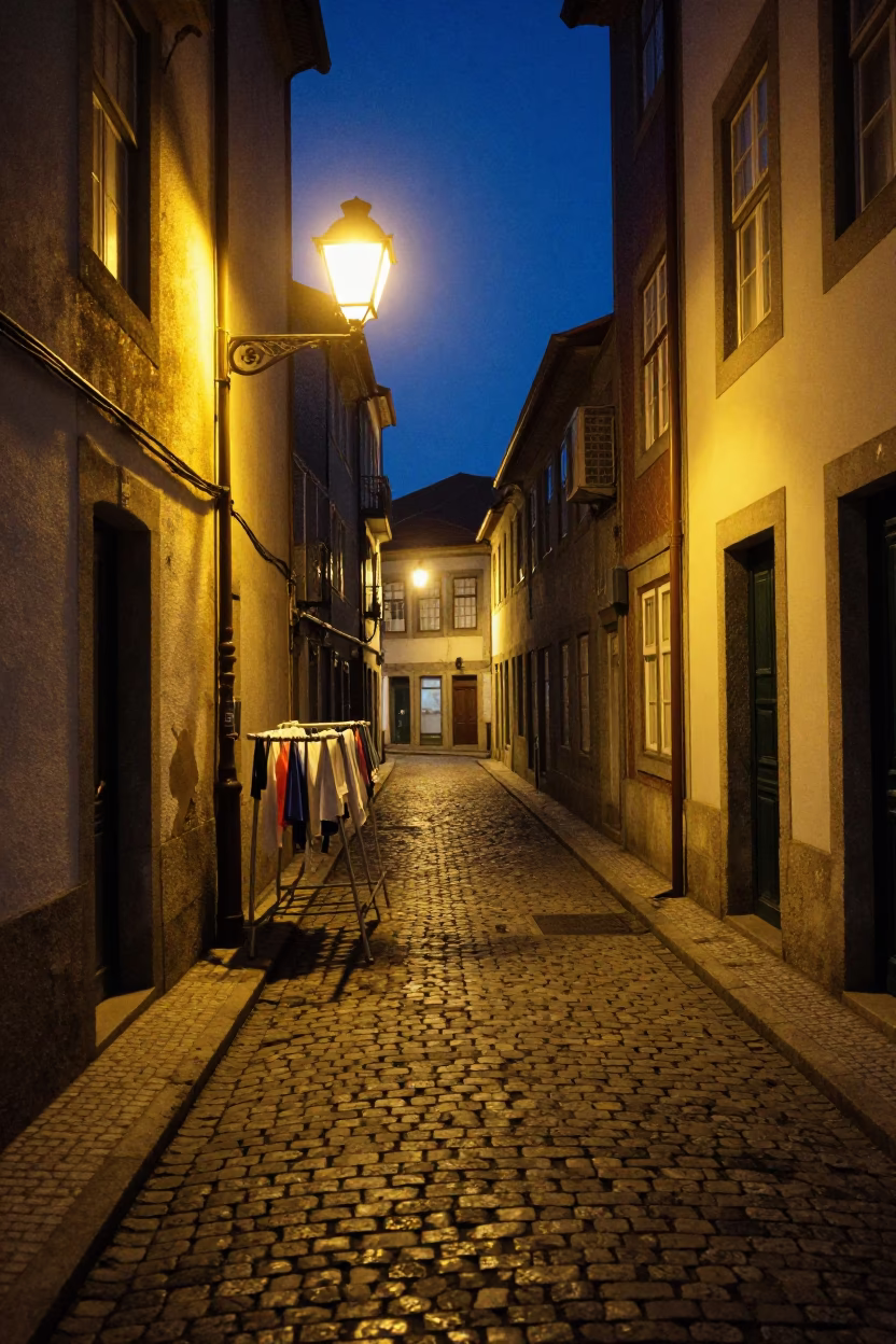 Midnight Street Scene in Porto Portugal with Drying Rack and Lamplighter Atmosphere in in Porto, Portugal