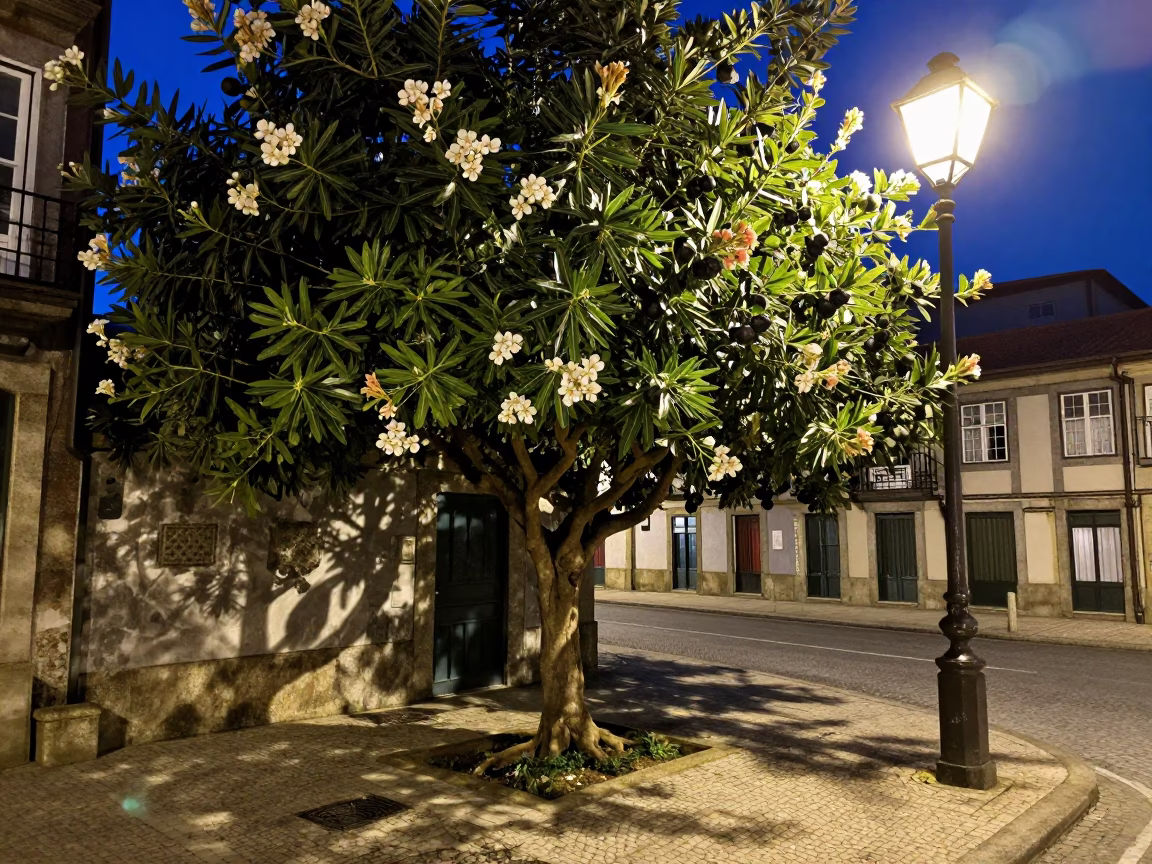 Midnight Street Scene in Porto Portugal with Fig Tree and Oleander Hedge in in Porto, Portugal
