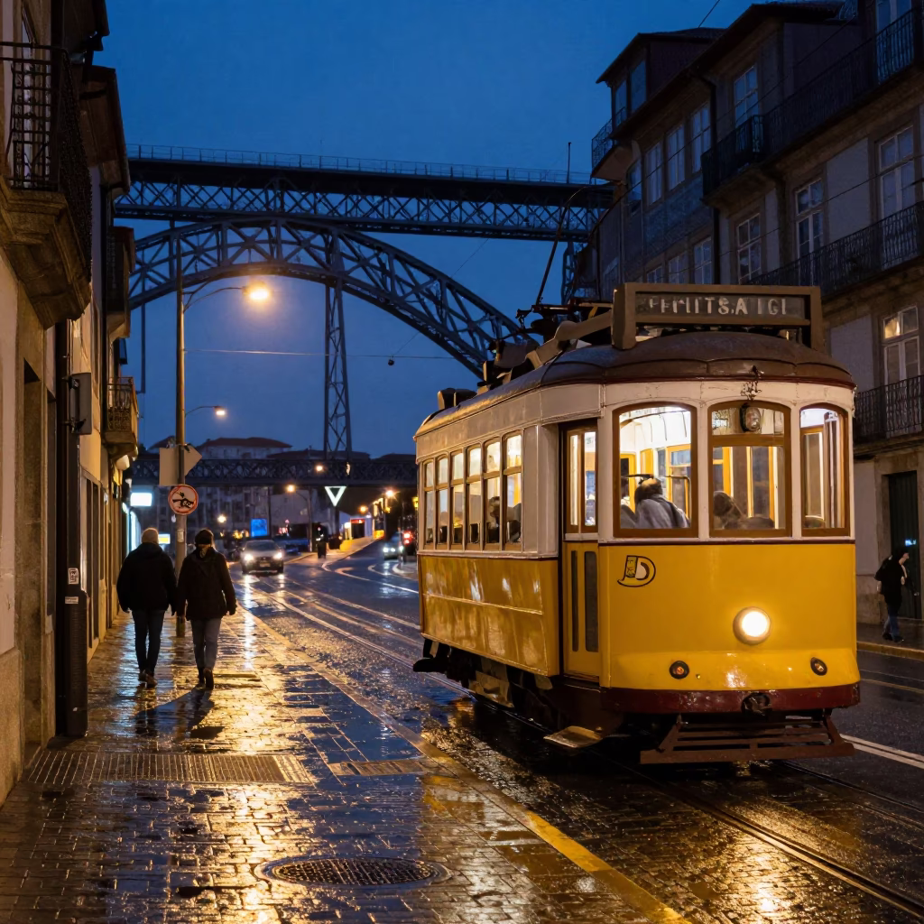 Midnight Street Scene in Porto Portugal with Heritage Tram and Urban Life in in Porto, Portugal