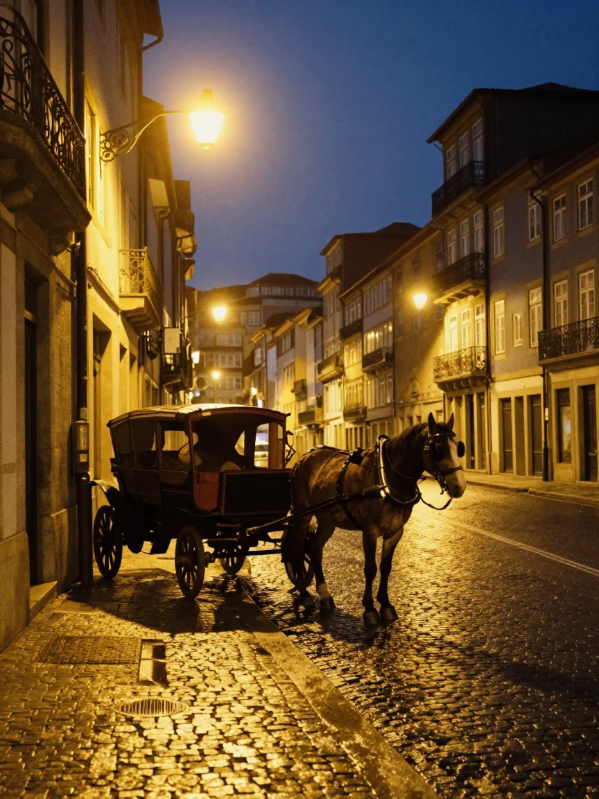 Midnight Street Scene in Porto Portugal with Horse Drawn Cart on Cobblestones in in Porto, Portugal