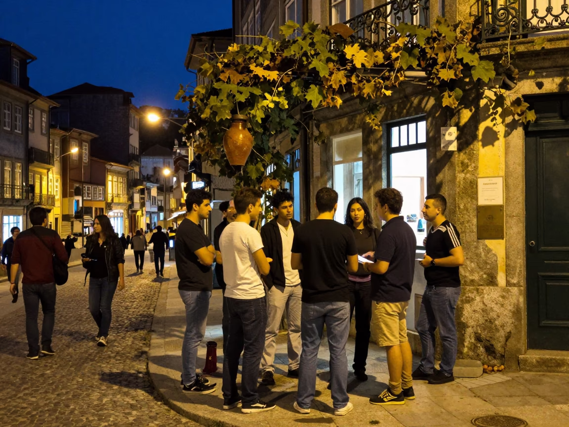 Midnight Street Scene in Porto Portugal with Jam Jar and Grapevine Clusters in in Porto, Portugal