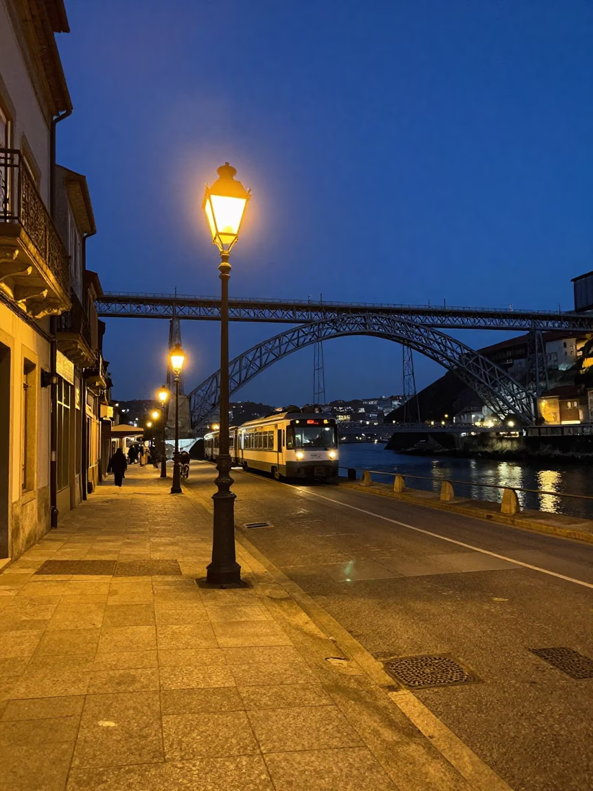 Midnight Street Scene in Porto Portugal with Night Train Crossing Iron Bridge in in Porto, Portugal