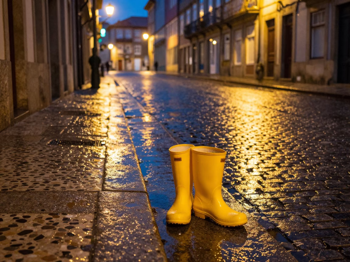 Midnight Street Scene in Porto Portugal with Rain Boots and Wooden Boat in in Porto, Portugal
