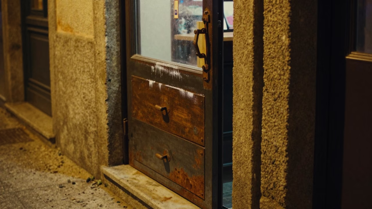 Midnight Street Scene in Porto Portugal with Rusty Drawer and Condensation in in Porto, Portugal