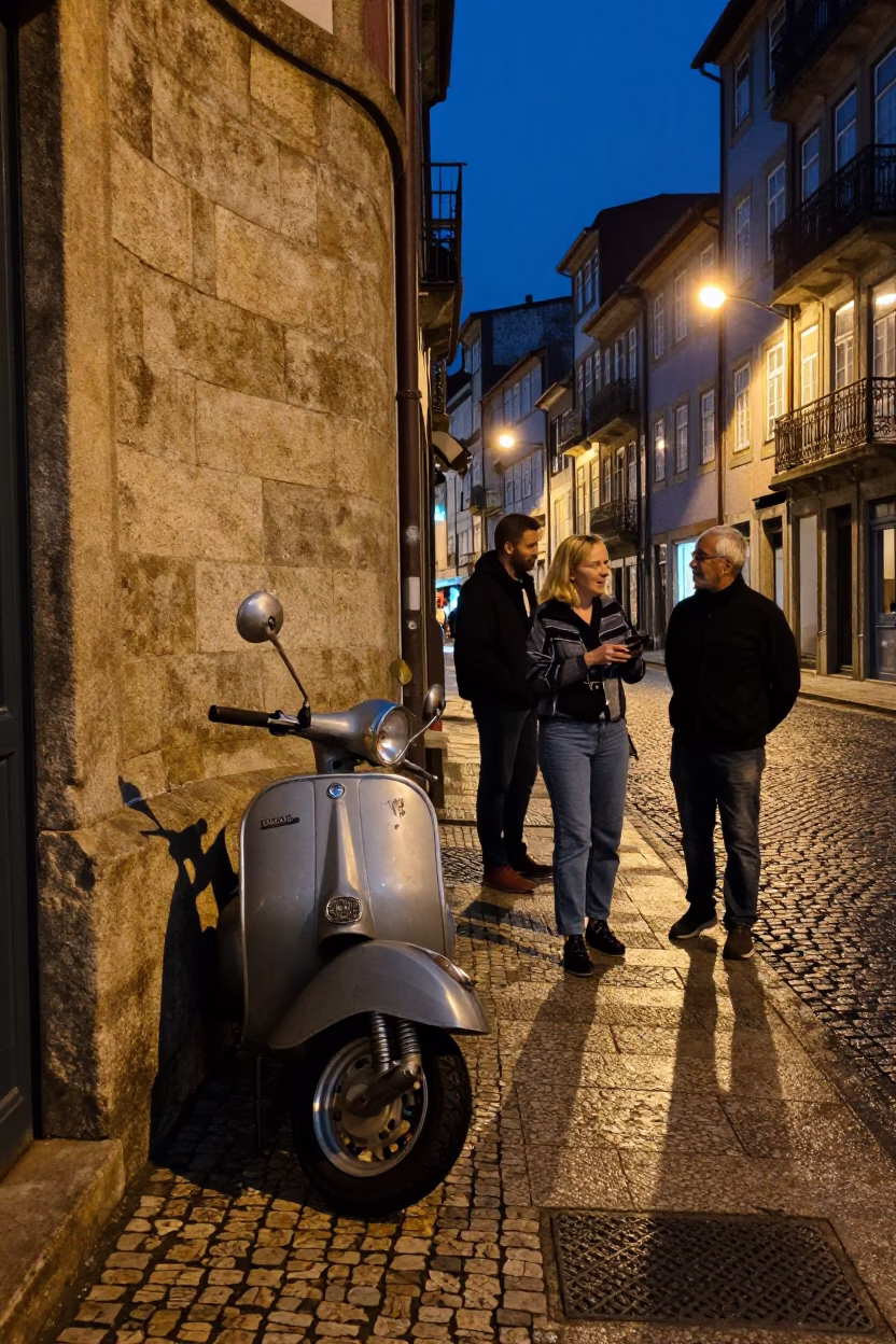 Midnight Street Scene in Porto Portugal with Scooter and Local Interaction in in Porto, Portugal