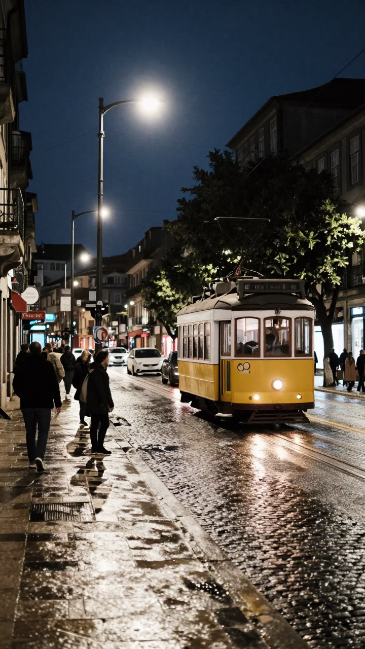 Midnight Street Scene in Porto Portugal with Vintage Tram and Urban Details in in Porto, Portugal