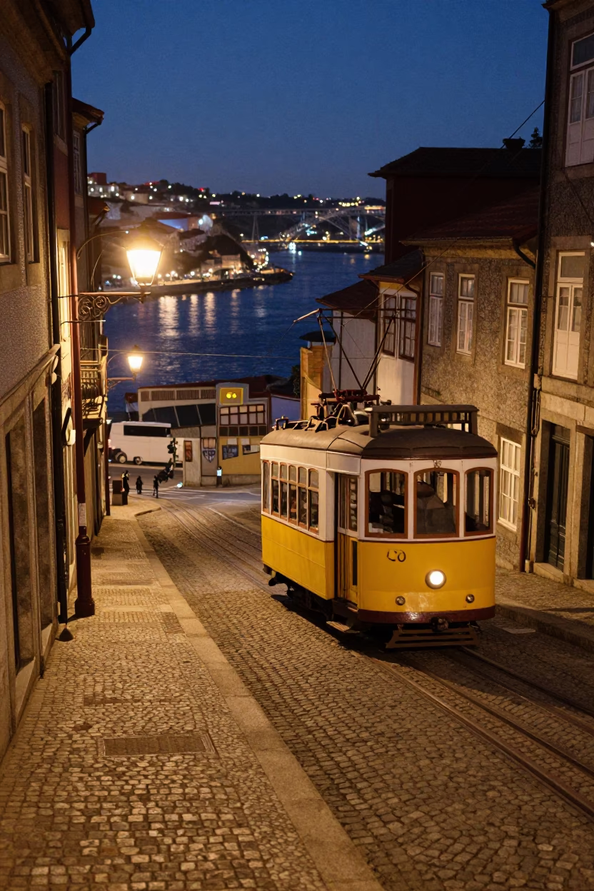 Midnight Street Scene in Porto Portugal with Yellow Tram and River Views in in Porto, Portugal