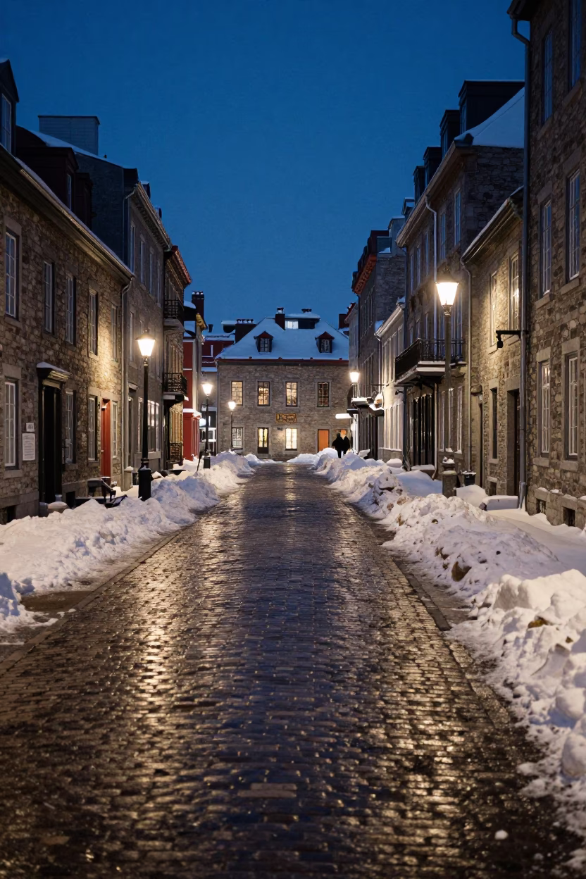 Midnight Street Scene in Quebec City Featuring Snow Banks and Historic Stone Architecture in in Quebec City, Quebec, Canada