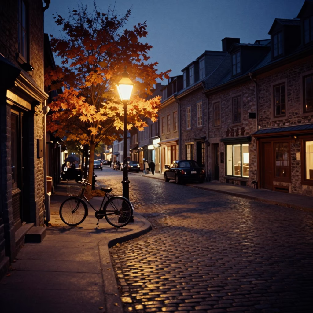 Midnight Street Scene in Quebec City with Bicycle and Autumn Maple Leaves in in Quebec City, Quebec, Canada