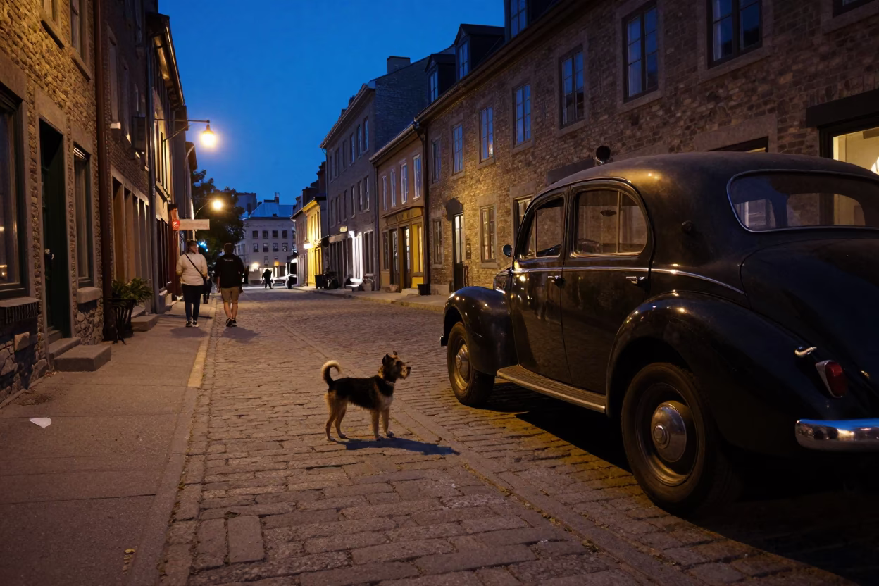 Midnight Street Scene in Quebec City with Dog and Vintage Car in in Quebec City, Quebec, Canada