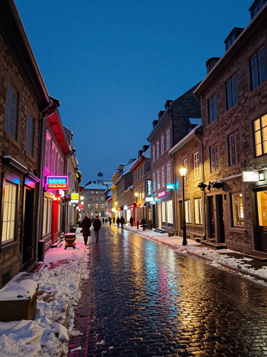 Midnight Street Scene in Quebec City with Neon Signs and Snow in in Quebec City, Quebec, Canada