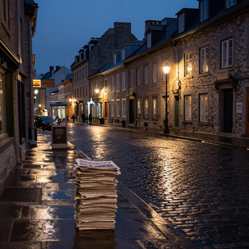 Midnight Street Scene in Quebec City with Newspaper Stack and Urban Atmosphere in in Quebec City, Quebec, Canada