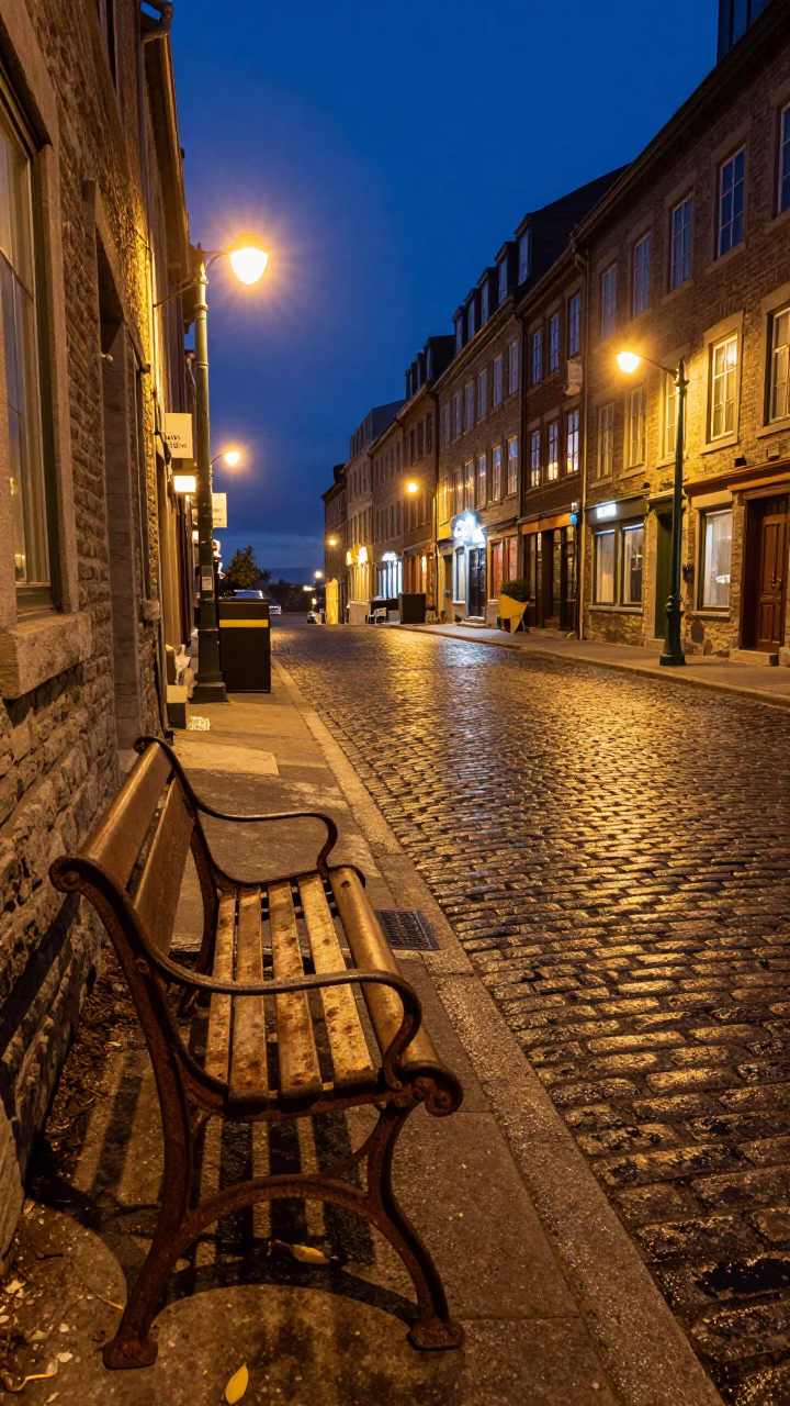 Midnight Street Scene in Quebec City with Rusty Bench and Urban Details in in Quebec City, Quebec, Canada