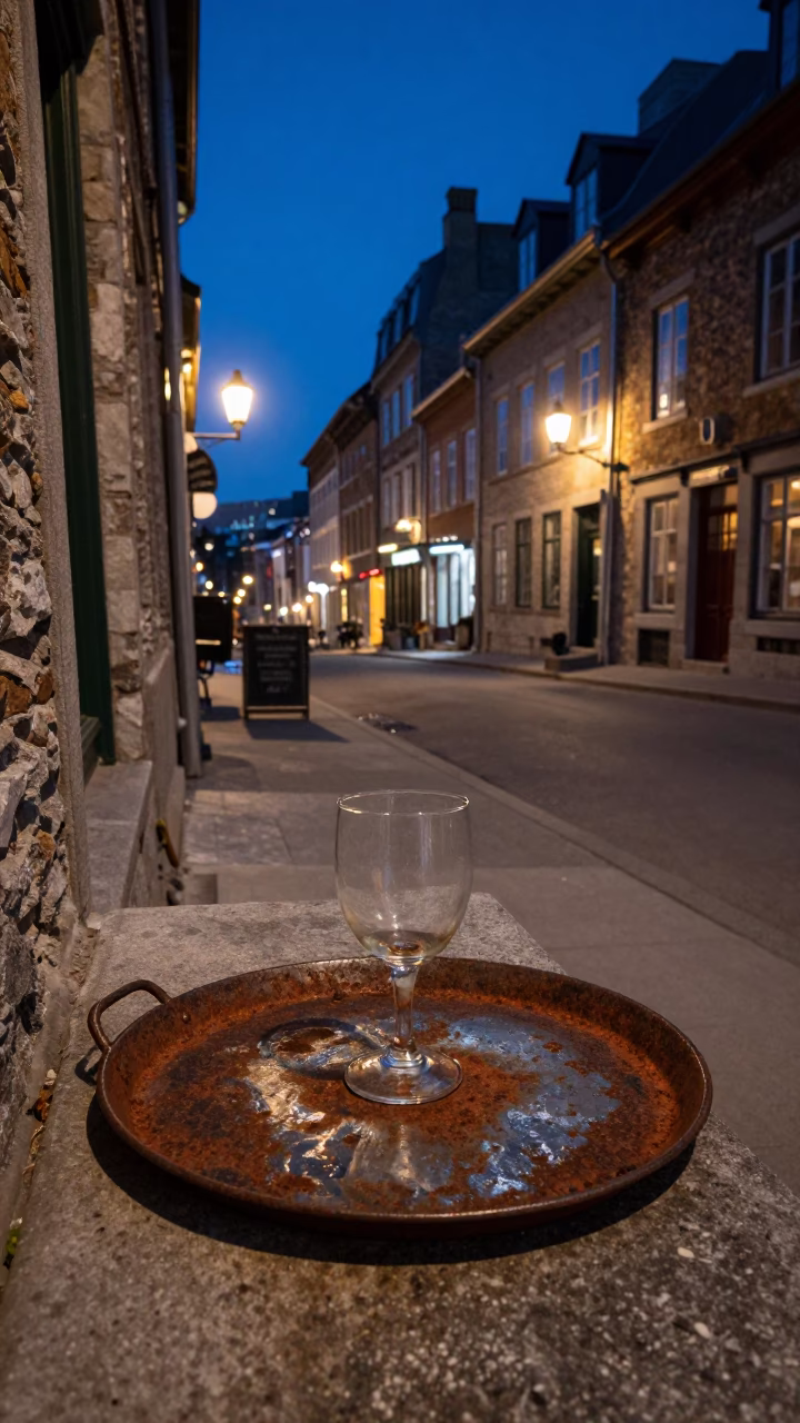 Midnight Street Scene in Quebec City with Rusty Tray and Glass Rail in in Quebec City, Quebec, Canada