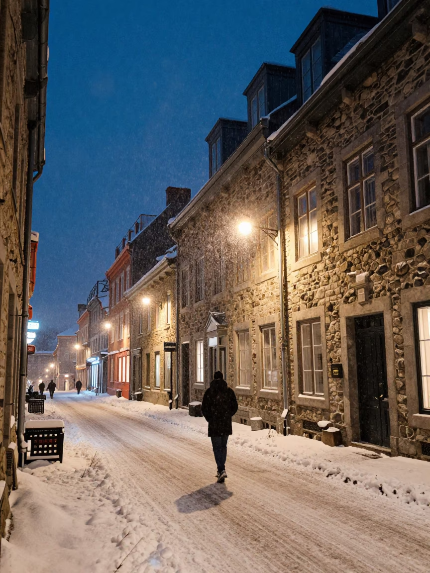 Midnight Street Scene in Quebec City with Snow and Historic Stone Architecture in in Quebec City, Quebec, Canada