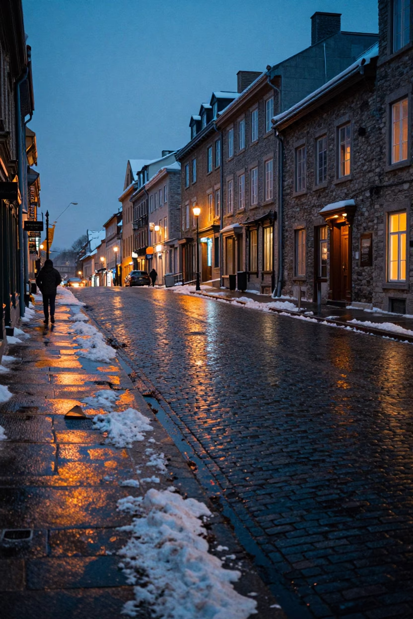 Midnight Street Scene in Quebec City with Snow and Neon Reflections in in Quebec City, Quebec, Canada