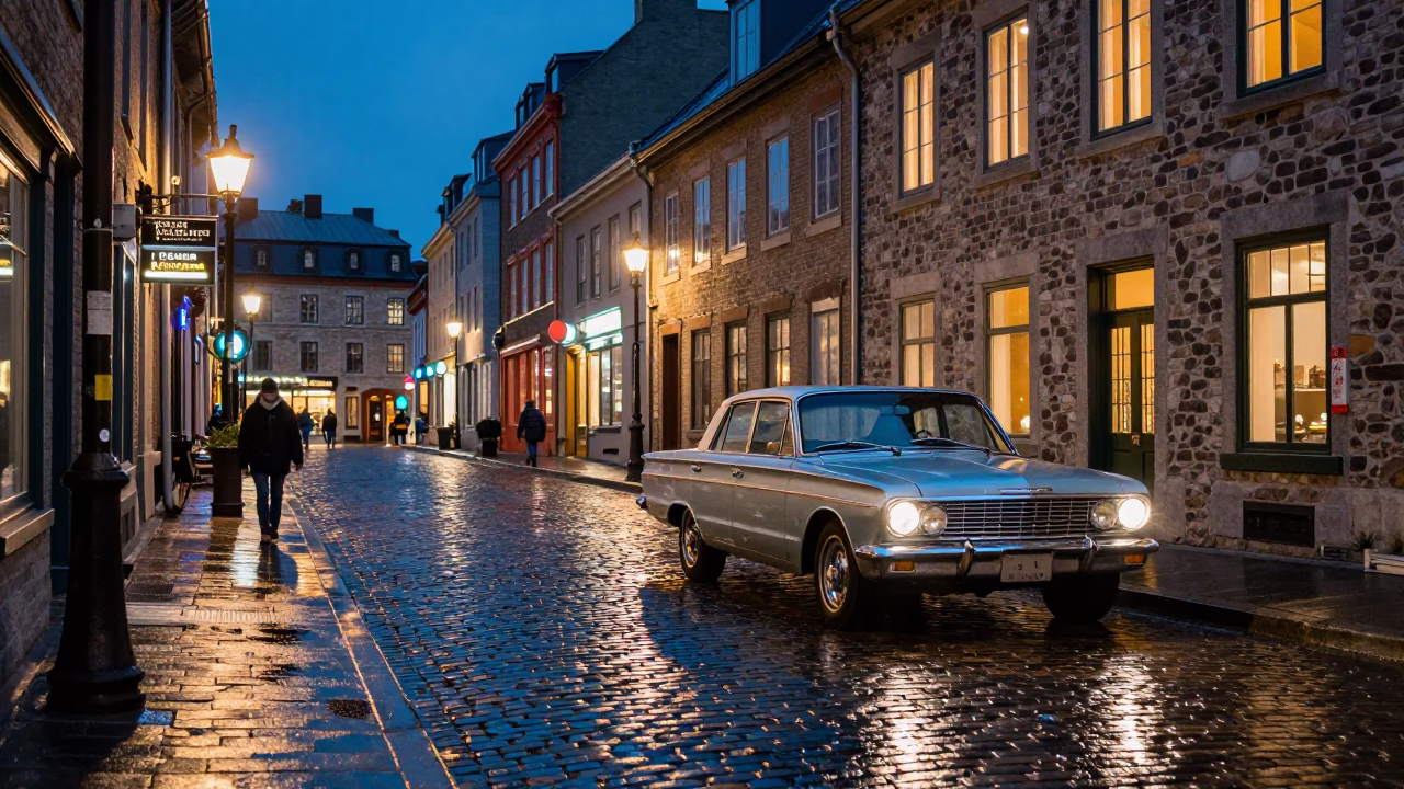 Midnight Street Scene in Quebec City with Vintage Automobile and Neon Signage in in Quebec City, Quebec, Canada