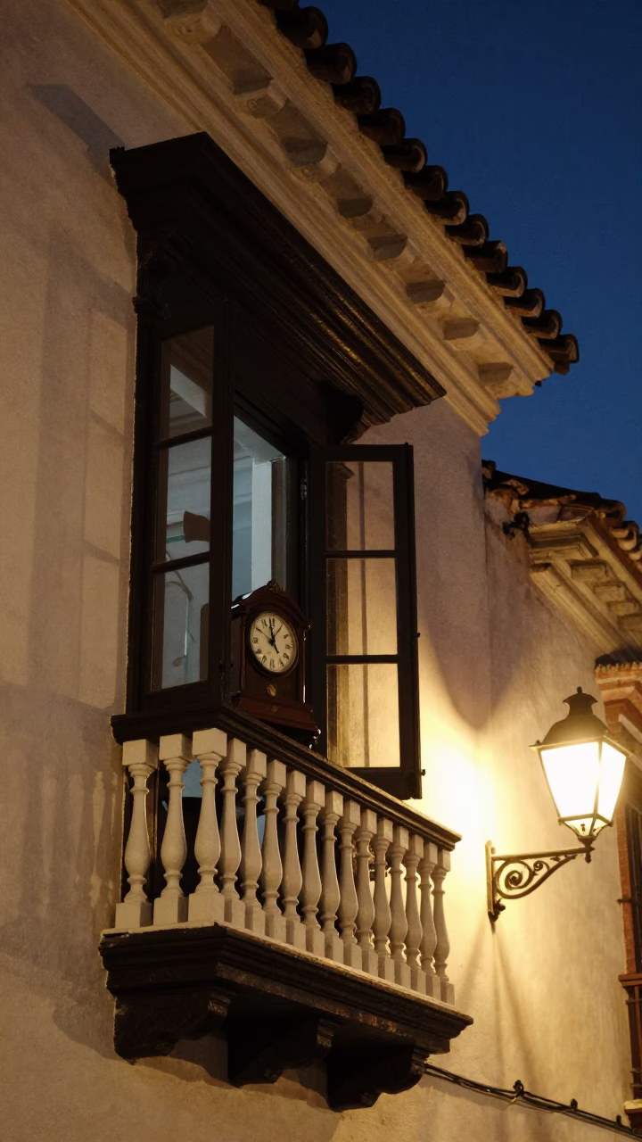 Midnight street scene in Quito Ecuador colonial balcony and streetlights in in Quito, Ecuador