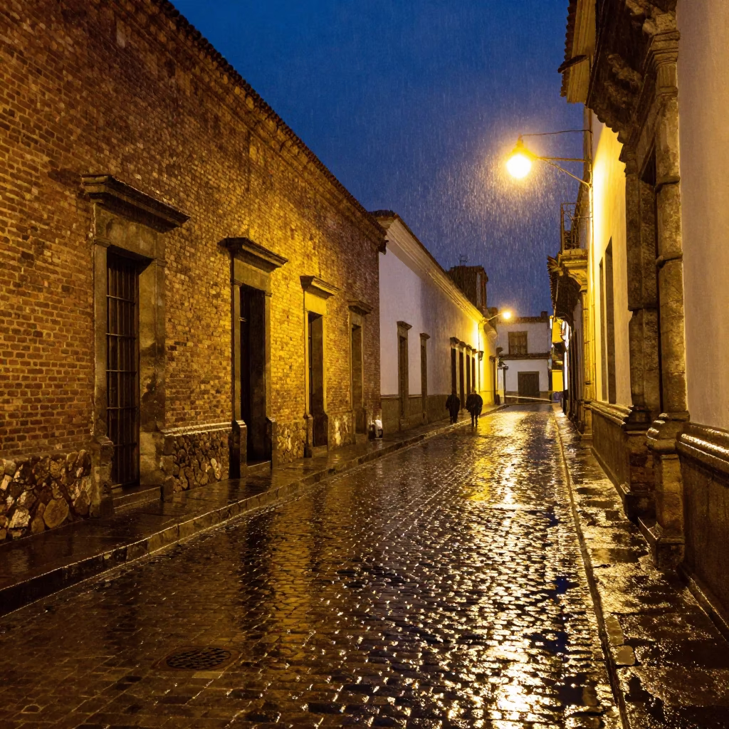 Midnight street scene in Quito Ecuador with brick buildings and wet pavement in in Quito, Ecuador